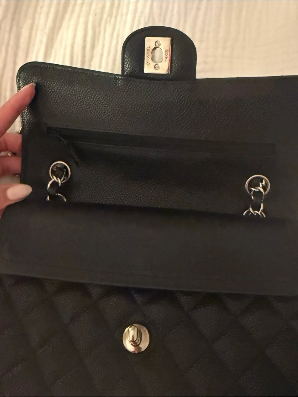 CHANEL Black Quilted Caviar Leather Shoulder Bag with Silver Hardware